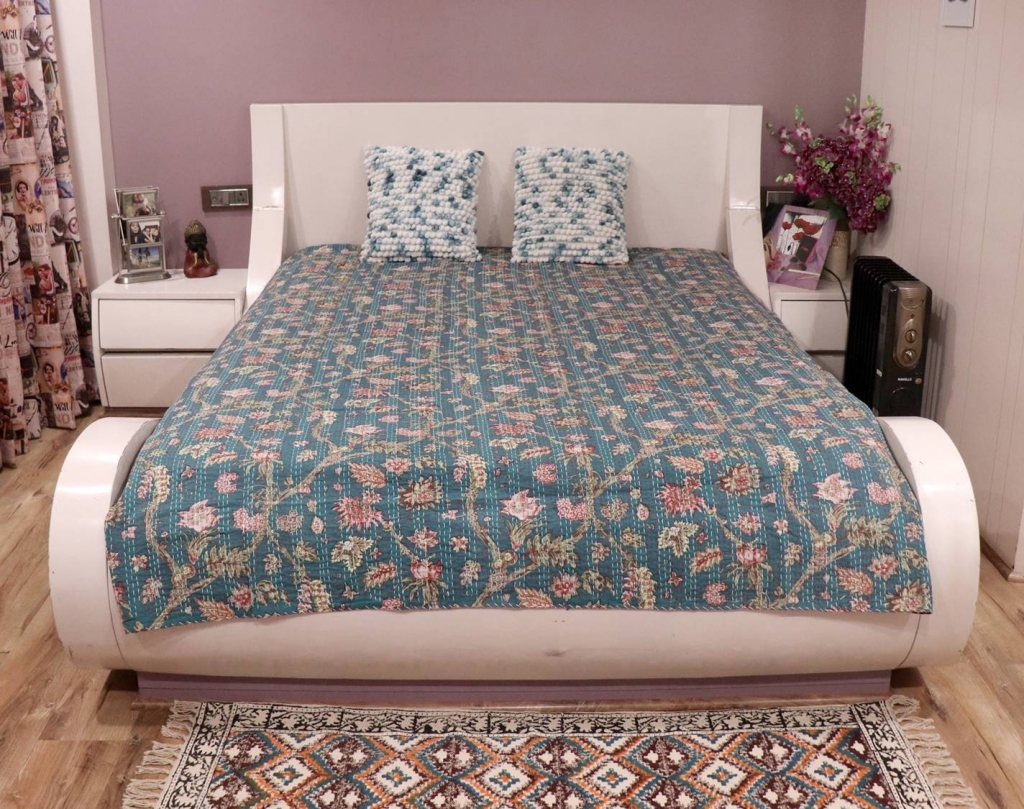 NEW PRINTED COTTON KANTHA BEDCOVER