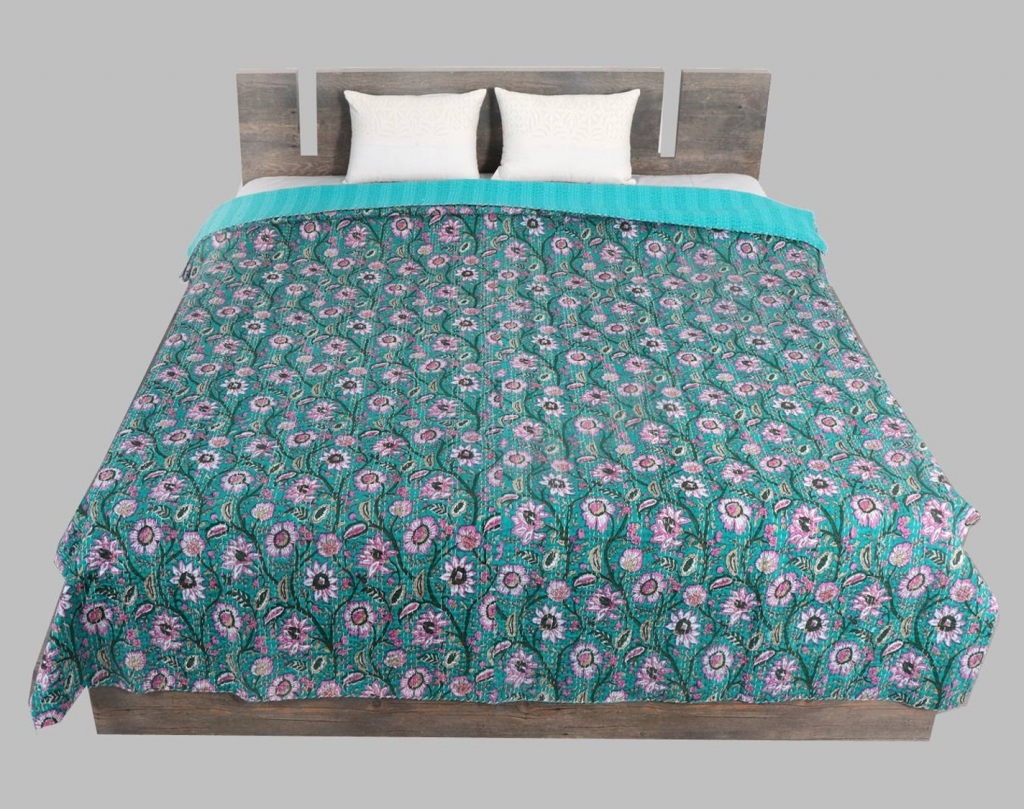 NEW SCREEN PRINTED COTTON KANTHA BEDCOVER