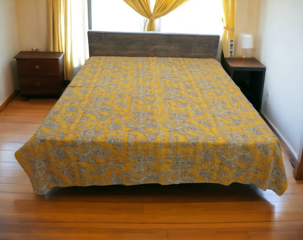 INDIAN HANDMADE SCREEN PRINTED KANTHA BEDCOVER