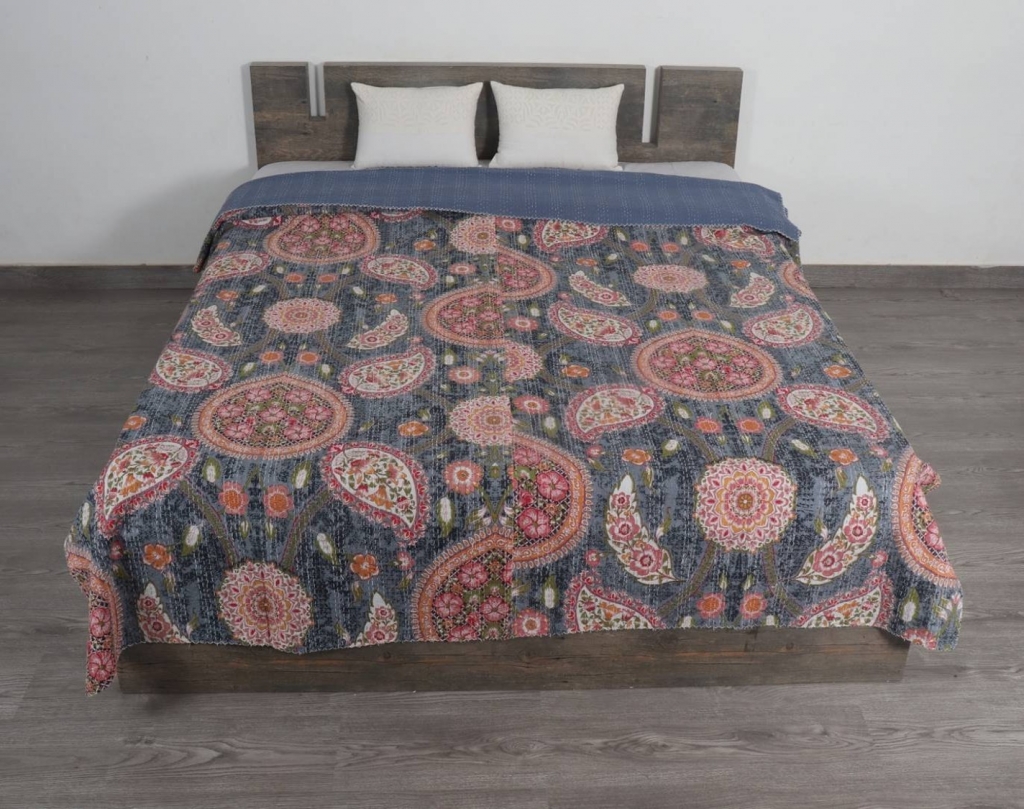 INDIAN HANDMADE SCREEN PRINTED KANTHA BEDCOVER