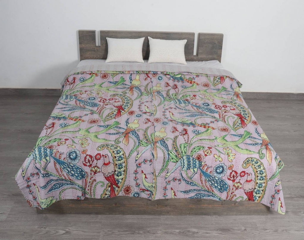 FLORAL PRINTED KANTHA BEDCOVER