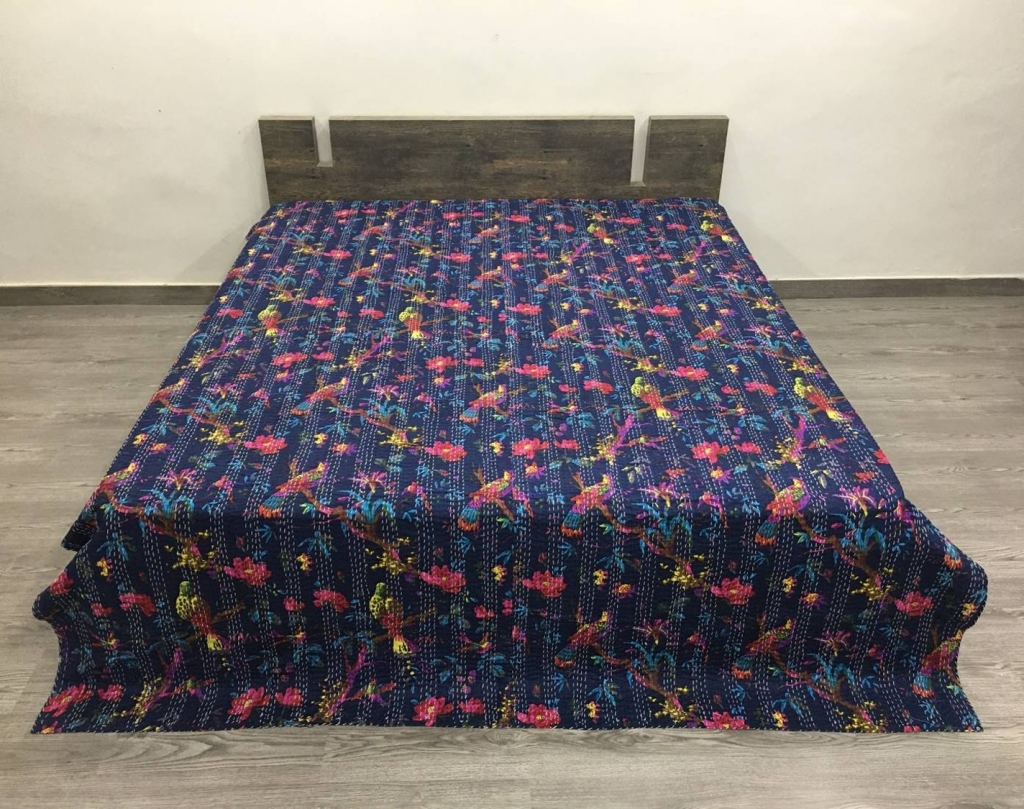 FLORAL PRINTED KANTHA BEDCOVER