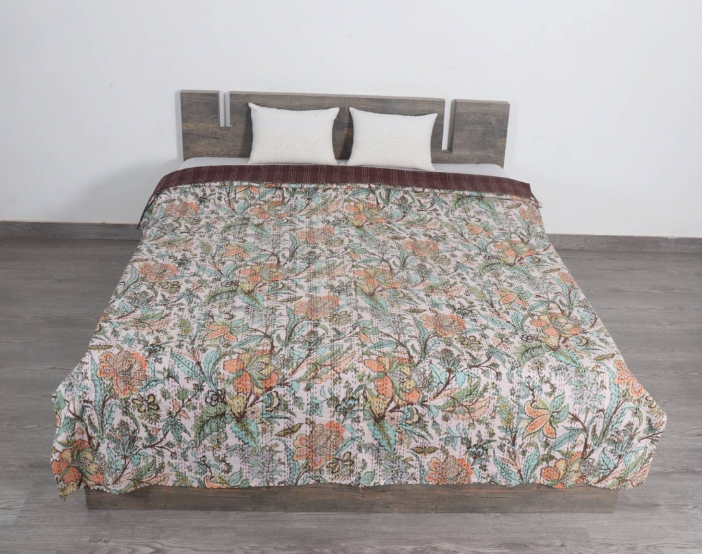 FLORAL PRINTED KANTHA BEDCOVER