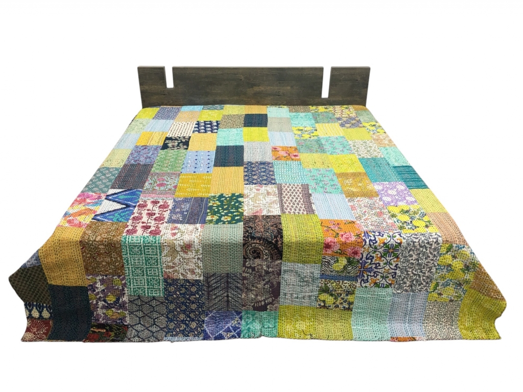 COTTON SCREEN PATCHWORK KANTHA BEDCOVER