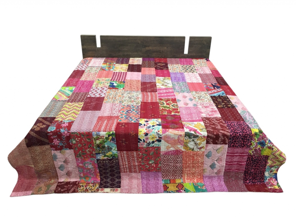 COTTON SCREEN PATCHWORK KANTHA BEDCOVER