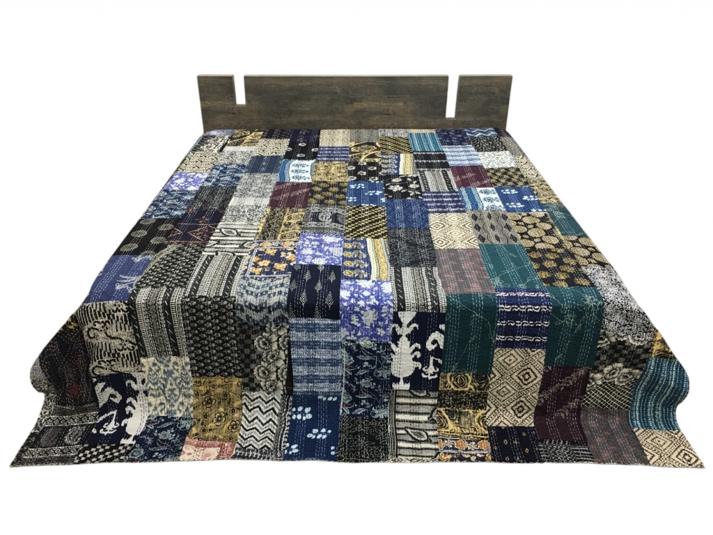 COTTON SCREEN PATCHWORK KANTHA BEDCOVER